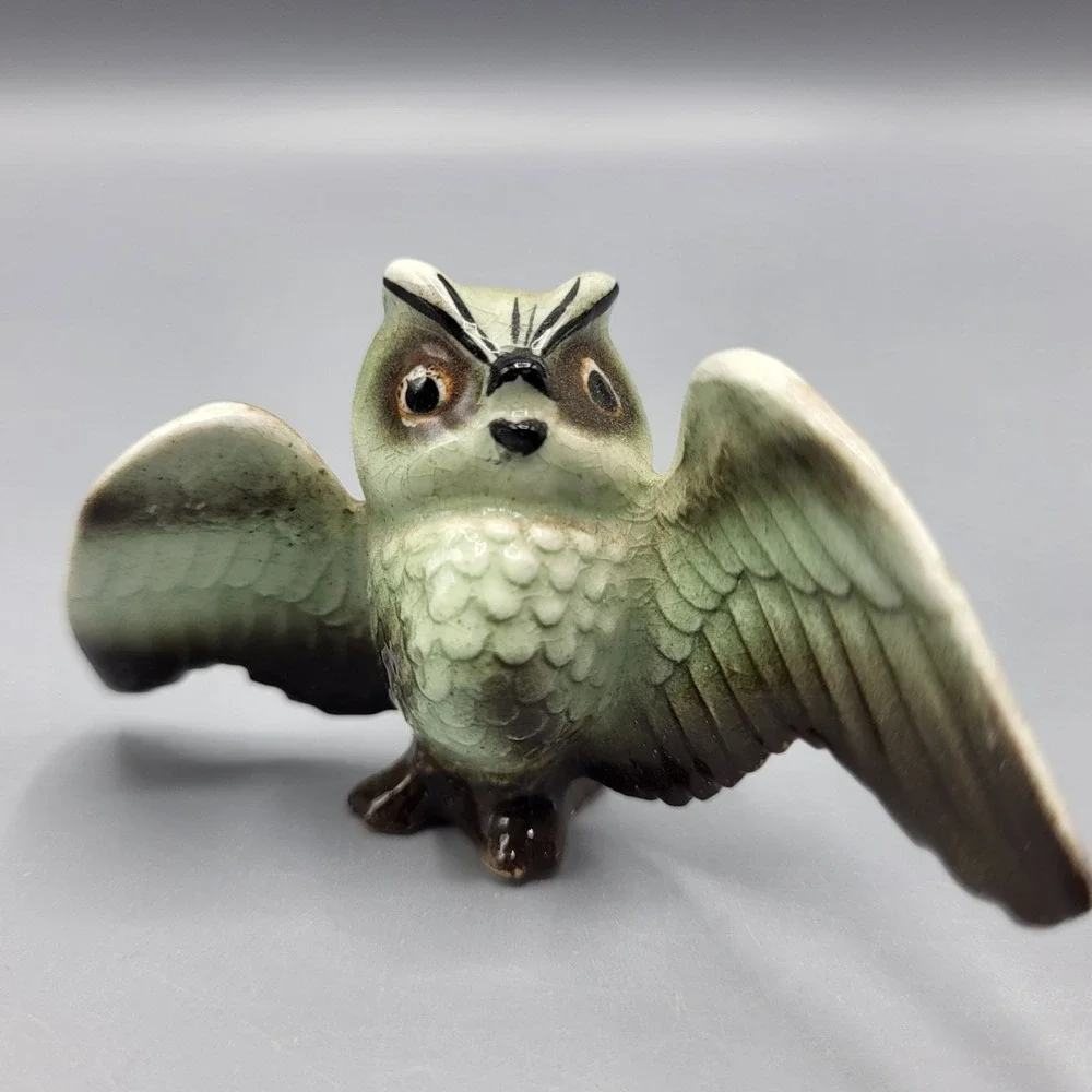 Vintage Ceramic Owl Figurines Pair With Open Wings Home Shelf Decor